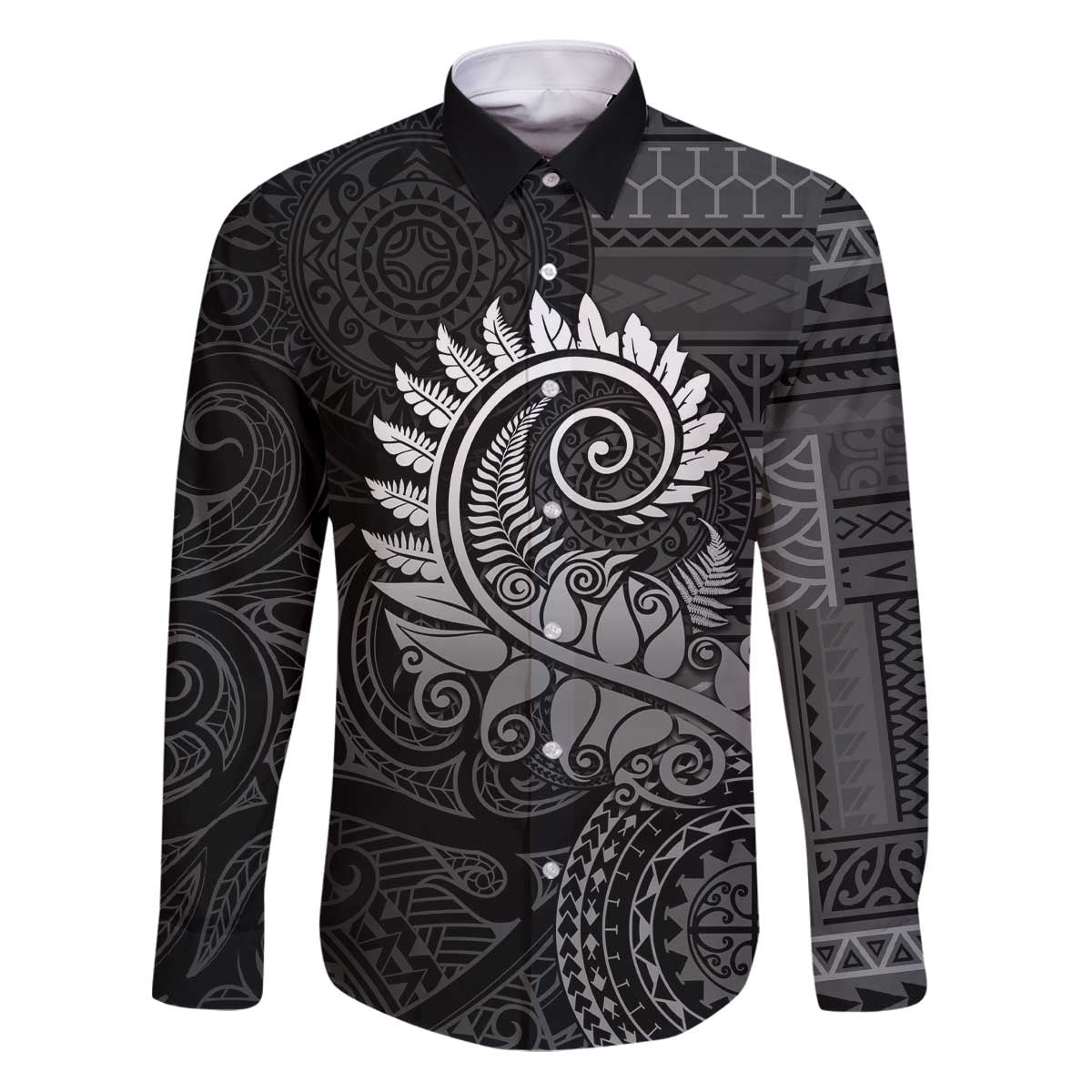New Zealand Maori Koru Fern Family Matching Puletasi and Hawaiian Shirt Spiral Polynesian Style Gray LT05 Dad's Shirt - Long Sleeve Gray - Polynesian Pride