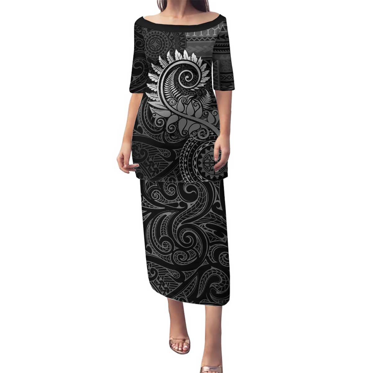 New Zealand Maori Koru Fern Family Matching Puletasi and Hawaiian Shirt Spiral Polynesian Style Gray LT05 Mom's Dress Gray - Polynesian Pride