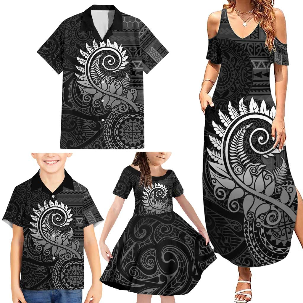 New Zealand Maori Koru Fern Family Matching Summer Maxi Dress and Hawaiian Shirt Spiral Polynesian Style Gray LT05 - Polynesian Pride