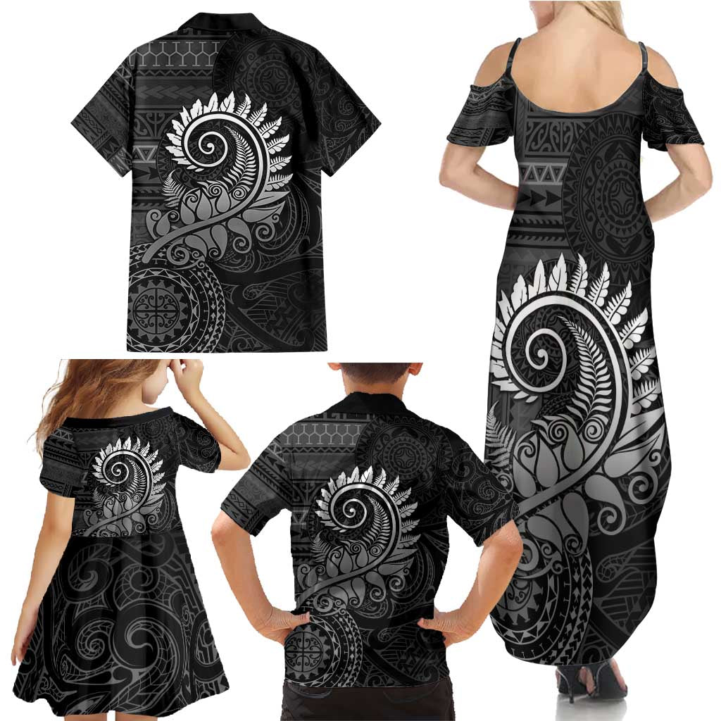 New Zealand Maori Koru Fern Family Matching Summer Maxi Dress and Hawaiian Shirt Spiral Polynesian Style Gray LT05 - Polynesian Pride