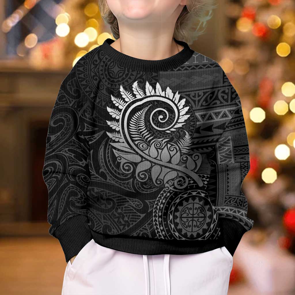New Zealand Maori Koru Fern Kid Ugly Christmas Sweater Spiral Polynesian Style Gray LT05 - Polynesian Pride