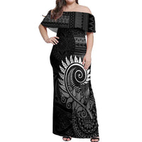 New Zealand Maori Koru Fern Off Shoulder Maxi Dress Spiral Polynesian Style Gray