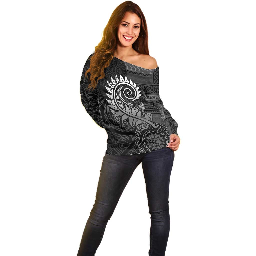 New Zealand Maori Koru Fern Off Shoulder Sweater Spiral Polynesian Style Gray