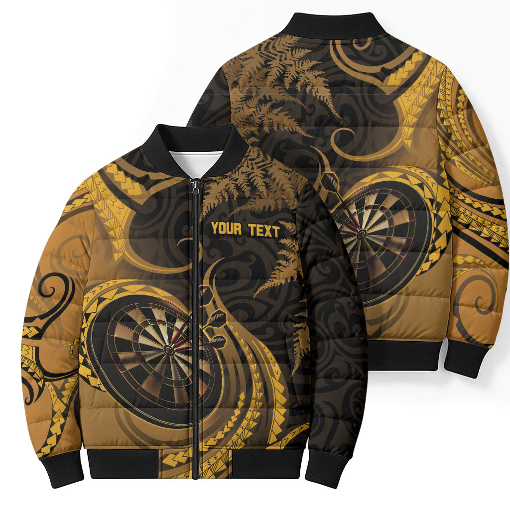 Personalised New Zealand Gold Darts Bomber Puffer Jacket Maori Fern Curve Style