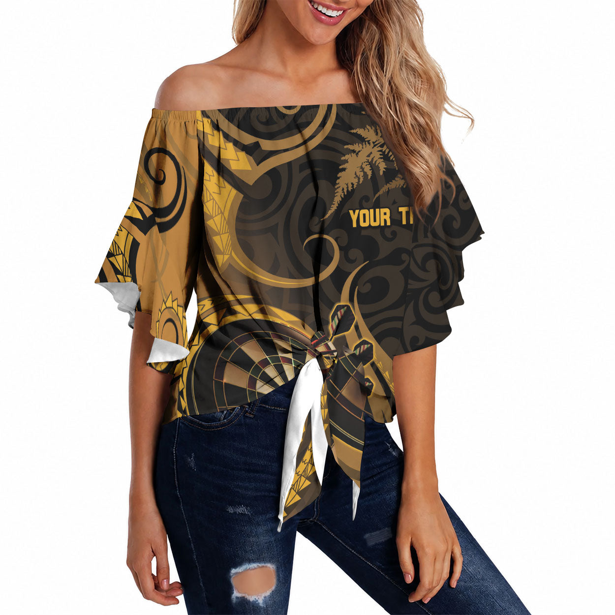 Personalised New Zealand Gold Darts Off Shoulder Wrap Waist Top Maori Fern Curve Style