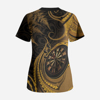 Personalised New Zealand Gold Darts Scrub Top Maori Fern Curve Style
