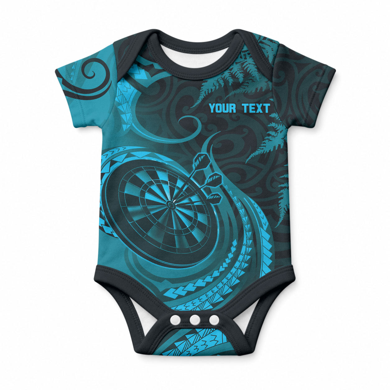 Personalised New Zealand Turquoise Darts Baby Onesie Maori Fern Curve Style