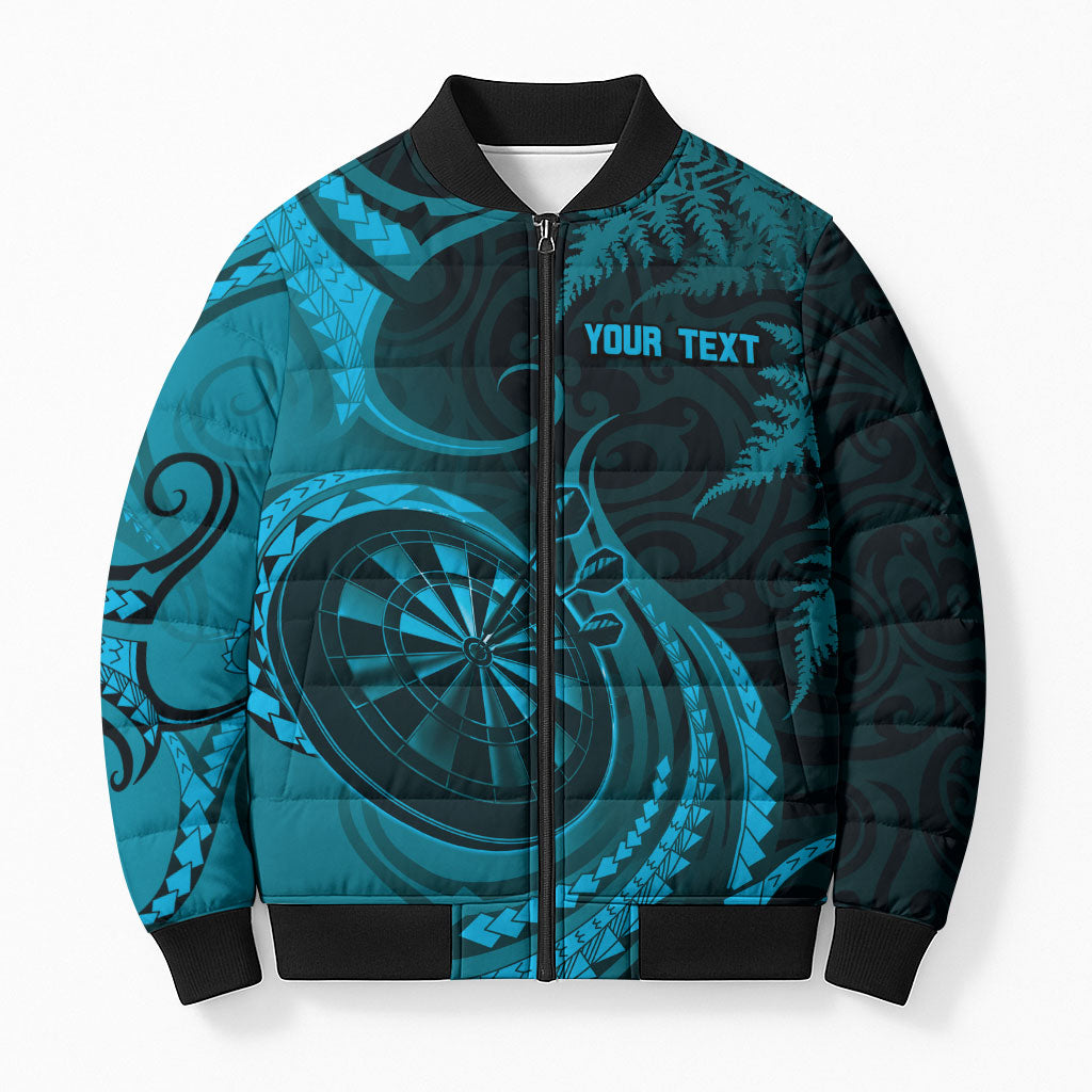 Personalised New Zealand Turquoise Darts Bomber Puffer Jacket Maori Fern Curve Style