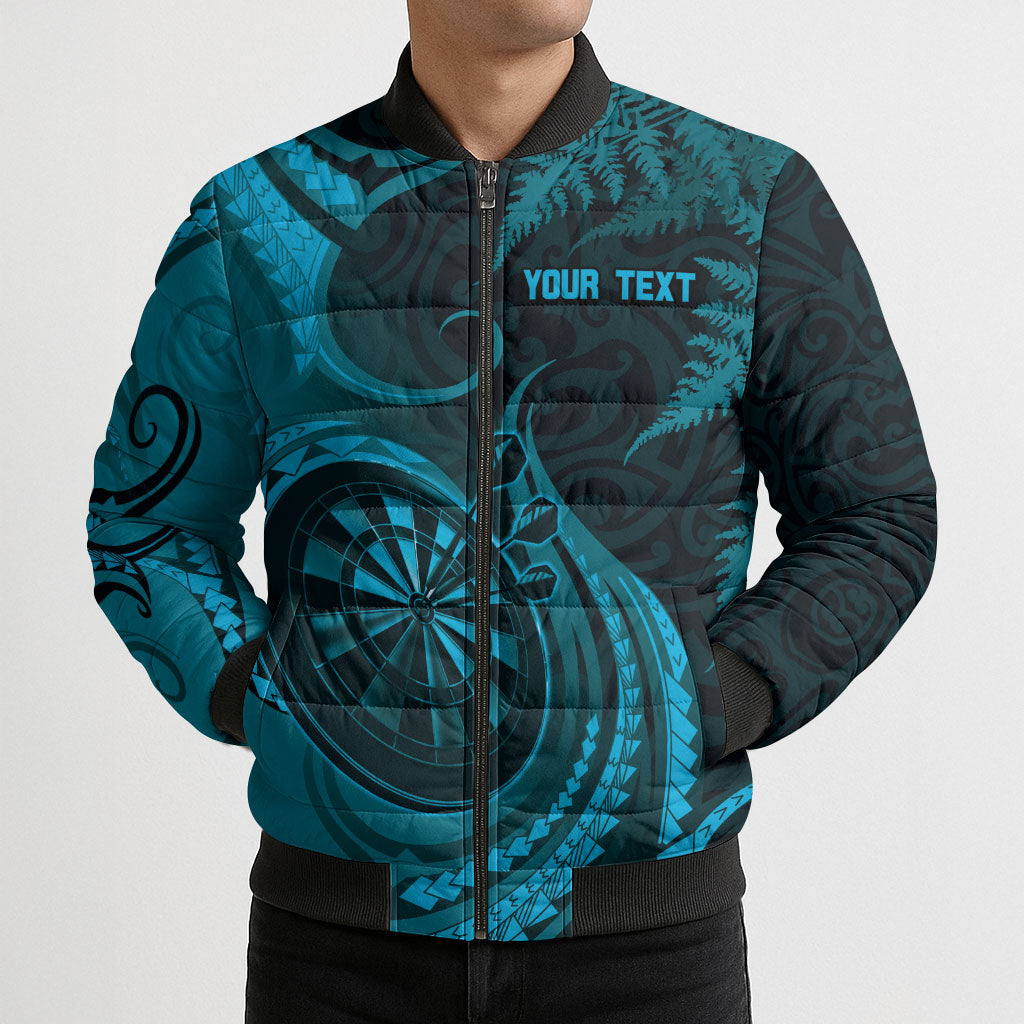 Personalised New Zealand Turquoise Darts Bomber Puffer Jacket Maori Fern Curve Style
