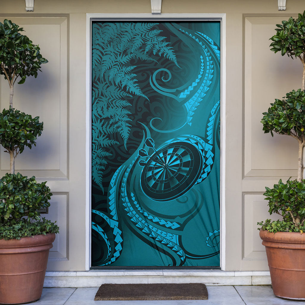 New Zealand Turquoise Darts Door Cover Maori Fern Curve Style