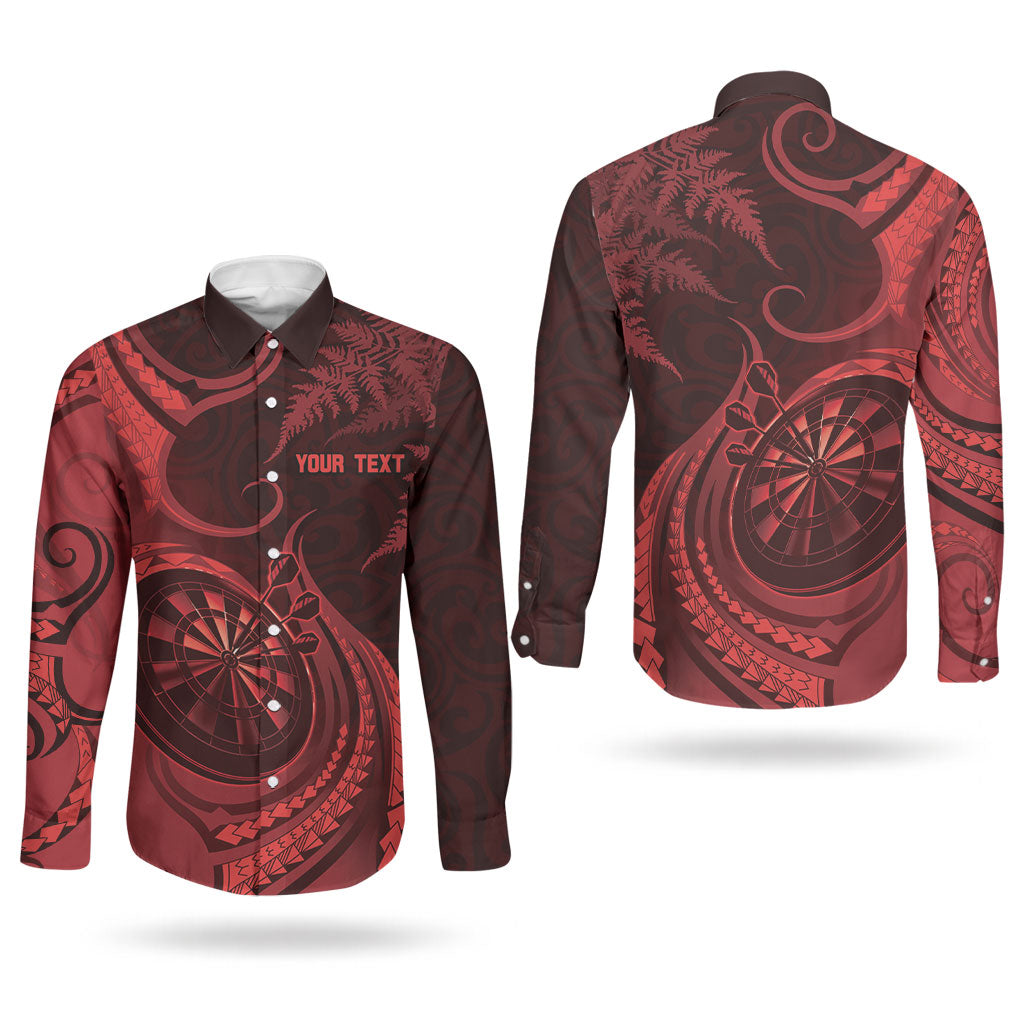 Personalised New Zealand Red Darts Couples Matching Long Sleeve Bodycon Dress and Long Sleeve Button Shirt Maori Fern Curve Style
