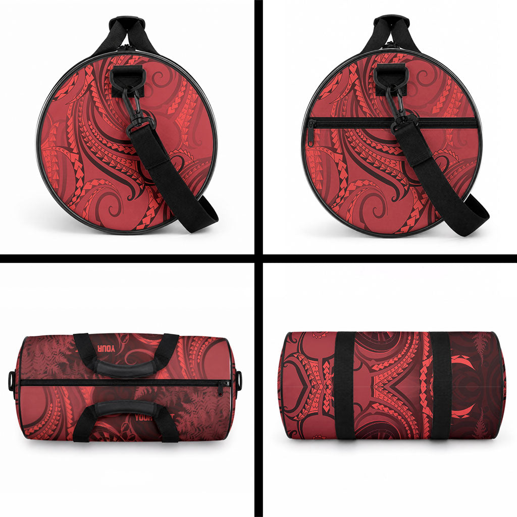 Personalised New Zealand Red Darts Duffle Bag Maori Fern Curve Style