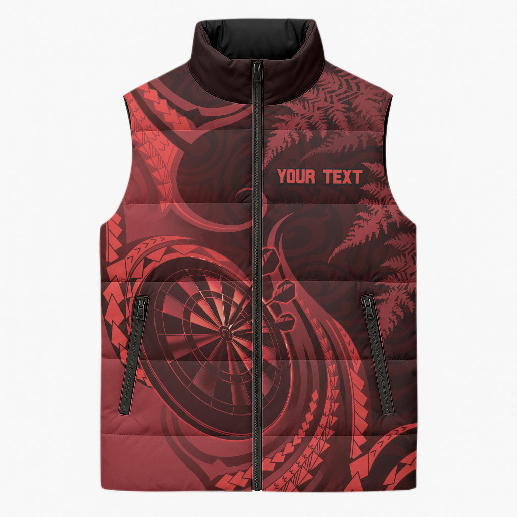 Personalised New Zealand Red Darts Sleeveless Puffer Jacket Maori Fern Curve Style