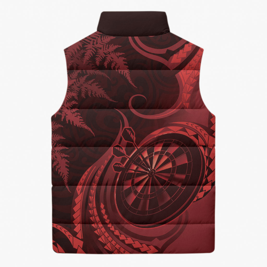 Personalised New Zealand Red Darts Sleeveless Puffer Jacket Maori Fern Curve Style