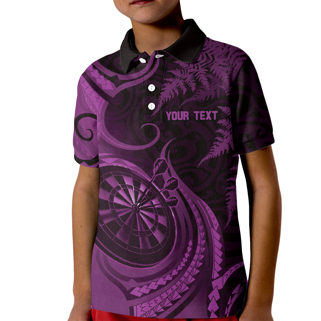 Personalised New Zealand Purple Darts Kid Polo Shirt Maori Fern Curve Style