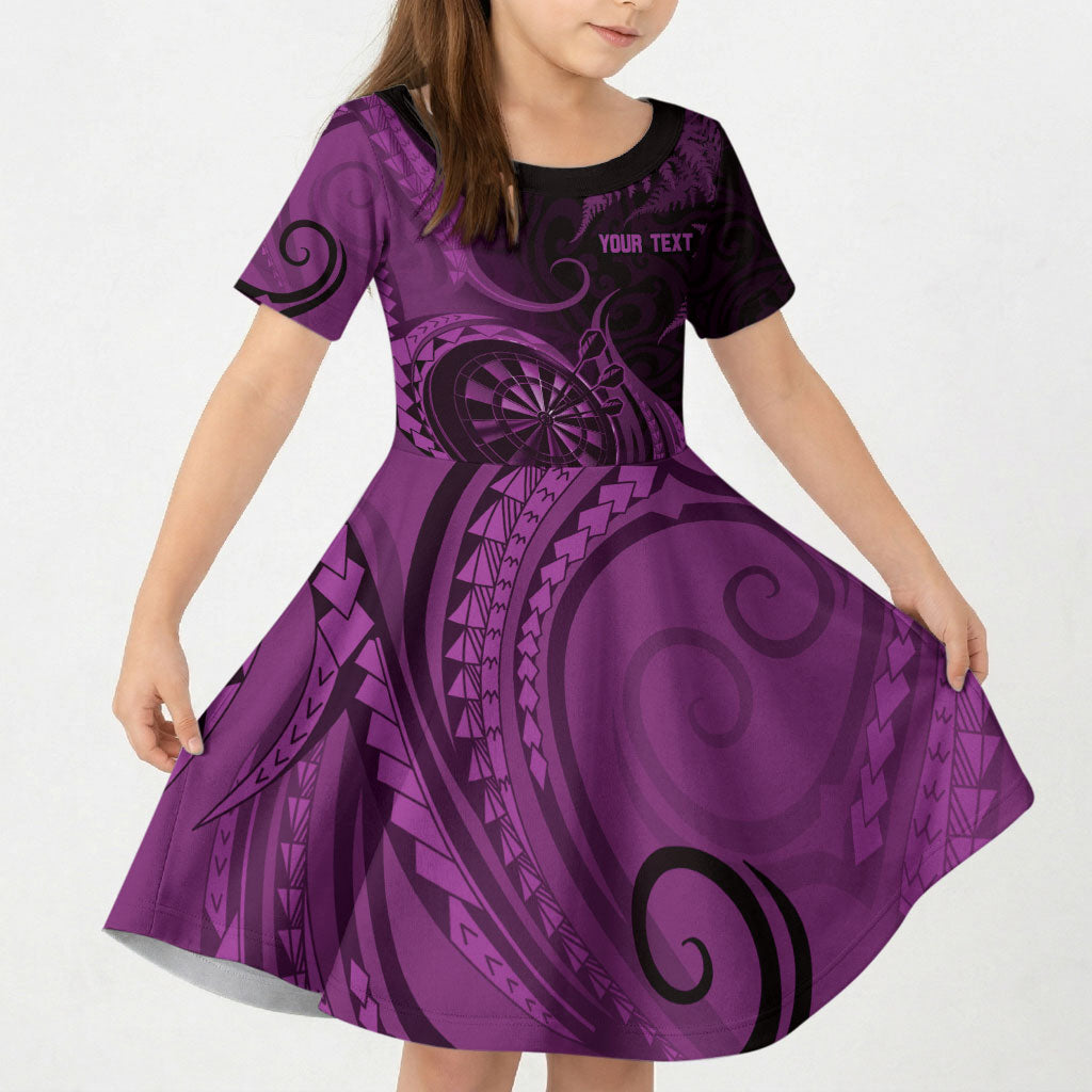 Personalised New Zealand Purple Darts Kid Short Sleeve Dress Maori Fern Curve Style