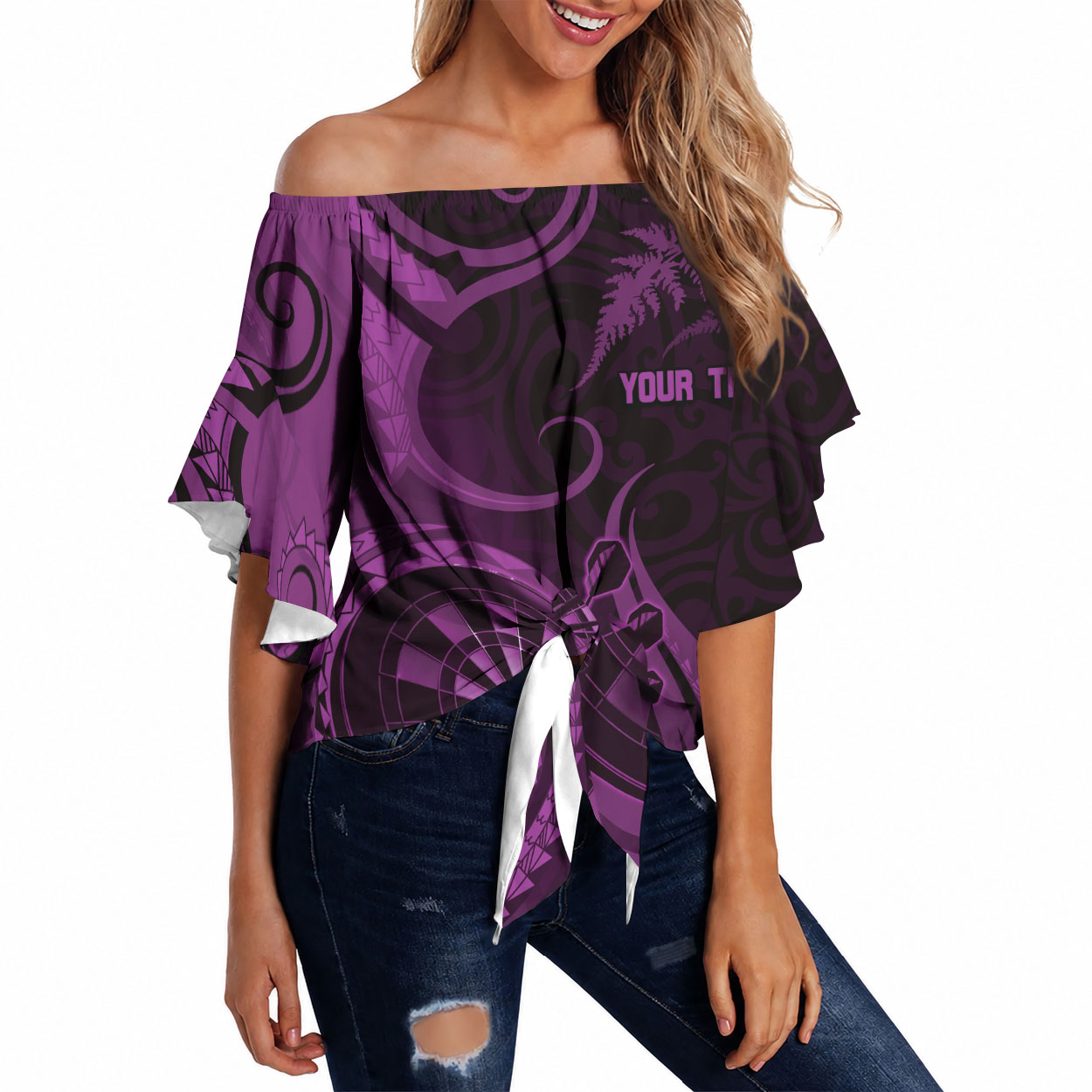 Personalised New Zealand Purple Darts Off Shoulder Wrap Waist Top Maori Fern Curve Style