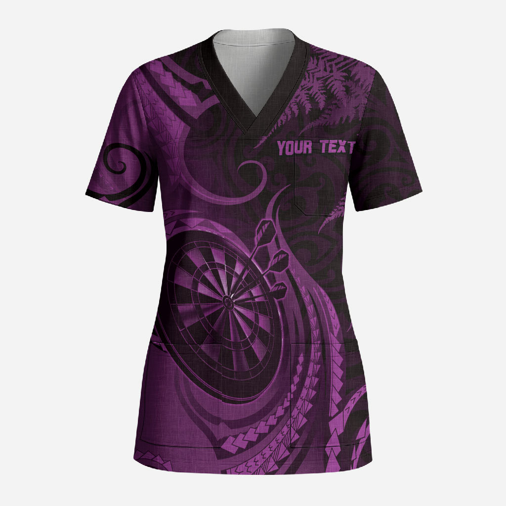 Personalised New Zealand Purple Darts Scrub Top Maori Fern Curve Style