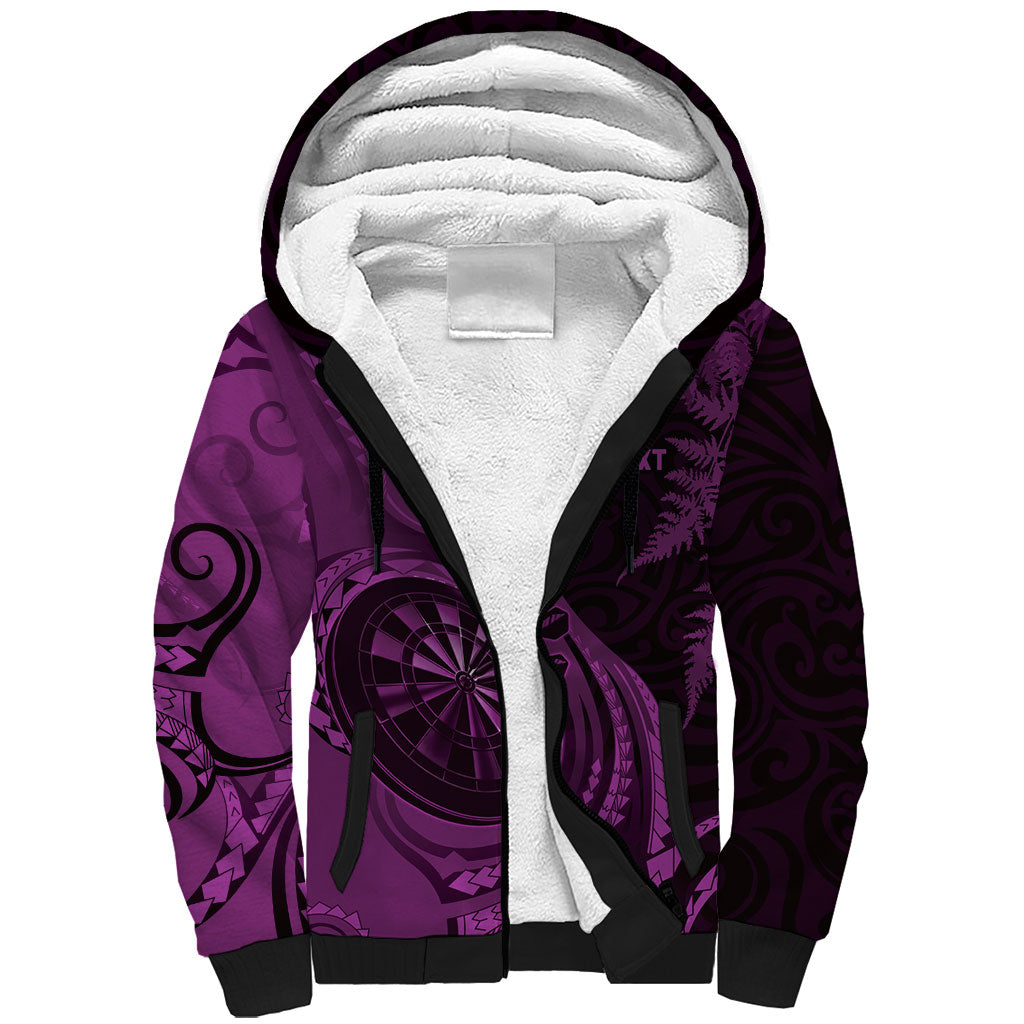 Personalised New Zealand Purple Darts Sherpa Hoodie Maori Fern Curve Style