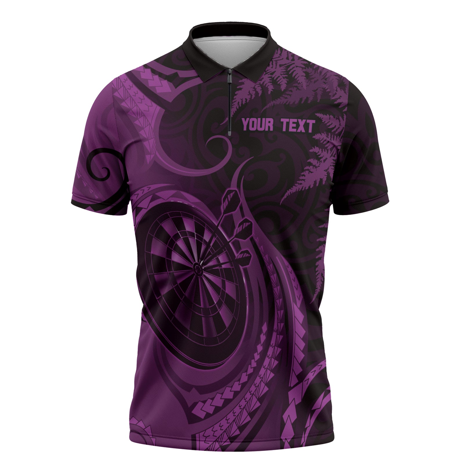 Personalised New Zealand Purple Darts Zipper Polo Shirt Maori Fern Curve Style