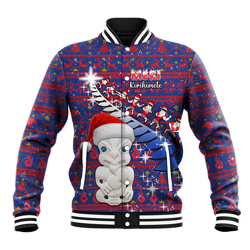 Personalized New Zealand Christmas Baseball Jacket Haka Fern Santa Tiki Meri Kirihimete LT05 Unisex Blue - Polynesian Pride