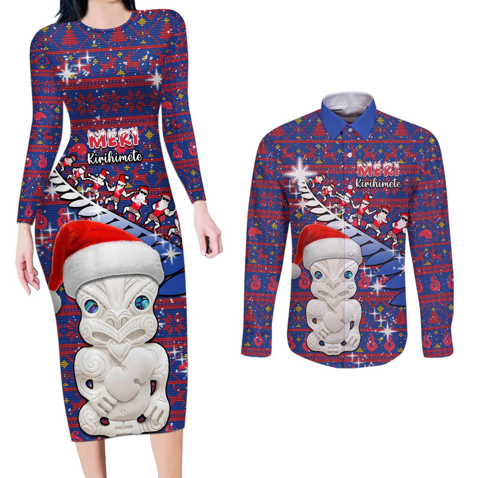 Personalized New Zealand Christmas Couples Matching Long Sleeve Bodycon Dress and Long Sleeve Button Shirts Haka Fern Santa Tiki Meri Kirihimete LT05 Blue - Polynesian Pride