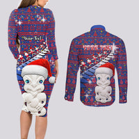 Personalized New Zealand Christmas Couples Matching Long Sleeve Bodycon Dress and Long Sleeve Button Shirts Haka Fern Santa Tiki Meri Kirihimete LT05 - Polynesian Pride