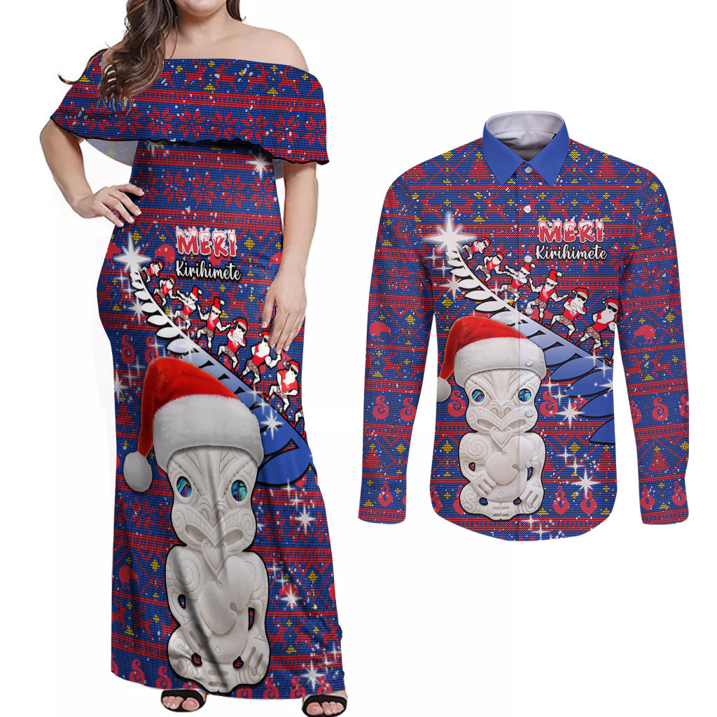 Personalized New Zealand Christmas Couples Matching Off Shoulder Maxi Dress and Long Sleeve Button Shirts Haka Fern Santa Tiki Meri Kirihimete LT05 Blue - Polynesian Pride