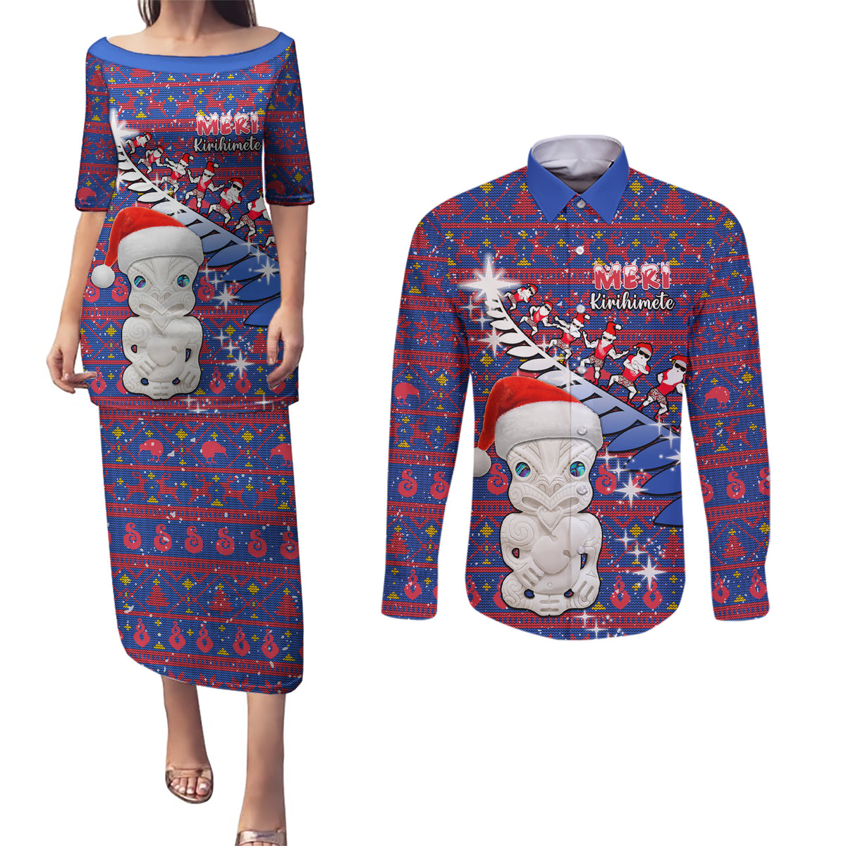 Personalized New Zealand Christmas Couples Matching Puletasi Dress and Long Sleeve Button Shirts Haka Fern Santa Tiki Meri Kirihimete LT05 Blue - Polynesian Pride