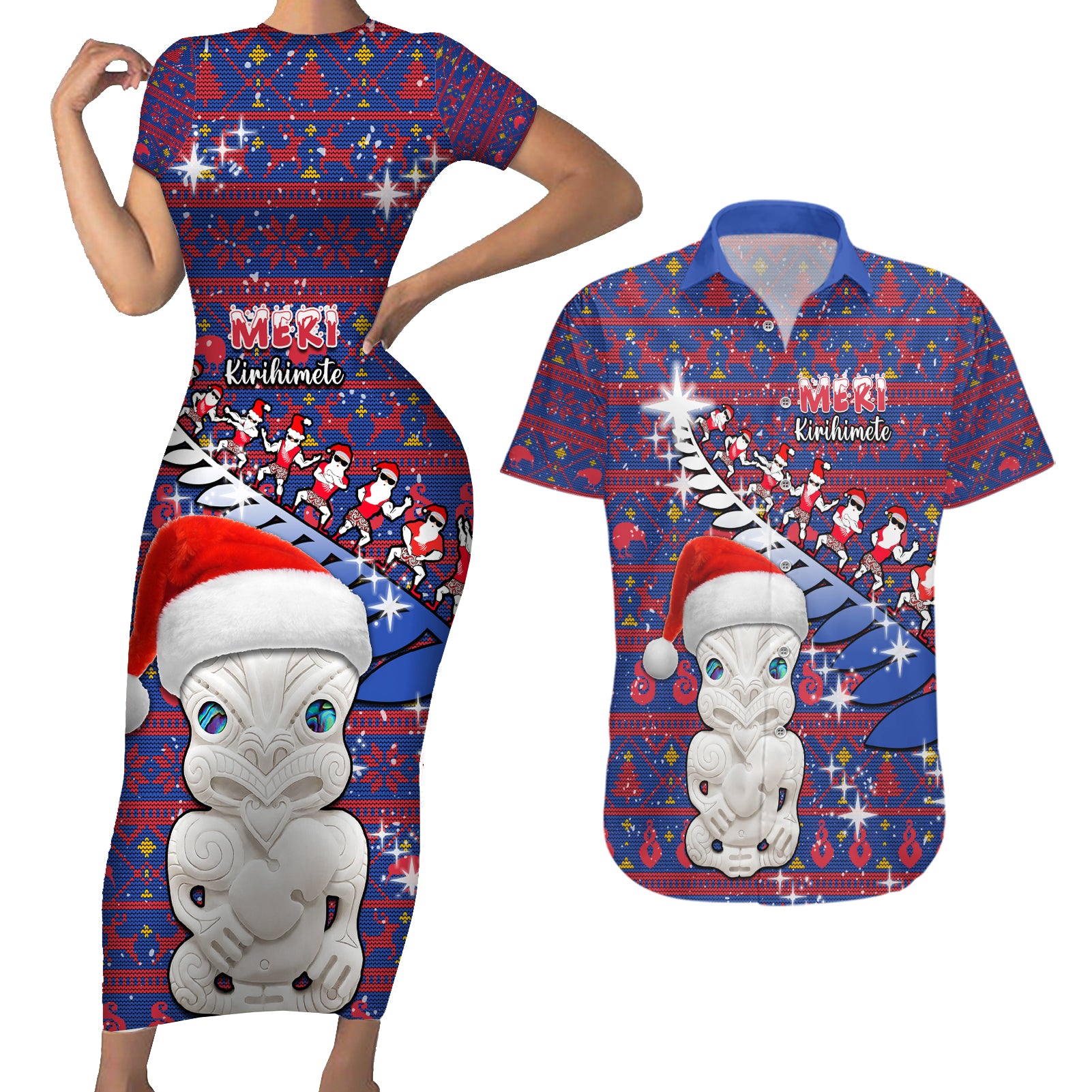 Personalized New Zealand Christmas Couples Matching Short Sleeve Bodycon Dress and Hawaiian Shirt Haka Fern Santa Tiki Meri Kirihimete LT05 Blue - Polynesian Pride