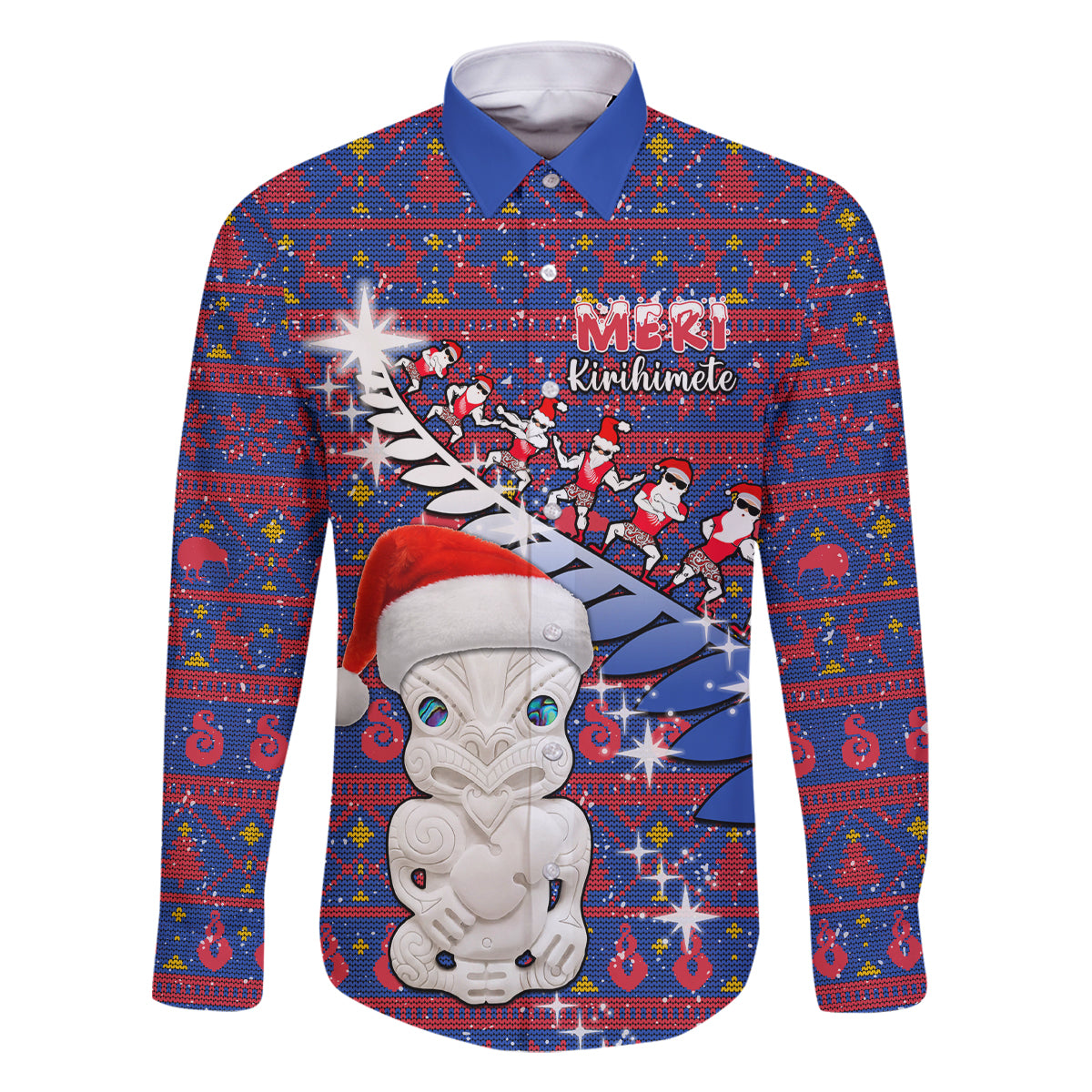 Personalized New Zealand Christmas Family Matching Mermaid Dress and Hawaiian Shirt Haka Fern Santa Tiki Meri Kirihimete LT05 Dad's Shirt - Long Sleeve Blue - Polynesian Pride