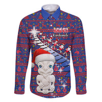 Personalized New Zealand Christmas Family Matching Mermaid Dress and Hawaiian Shirt Haka Fern Santa Tiki Meri Kirihimete LT05 Dad's Shirt - Long Sleeve Blue - Polynesian Pride