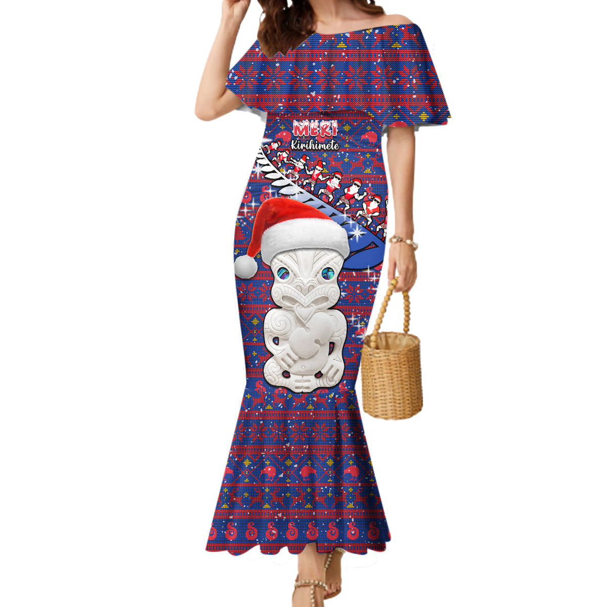 Personalized New Zealand Christmas Mermaid Dress Haka Fern Santa Tiki Meri Kirihimete LT05 Women Blue - Polynesian Pride