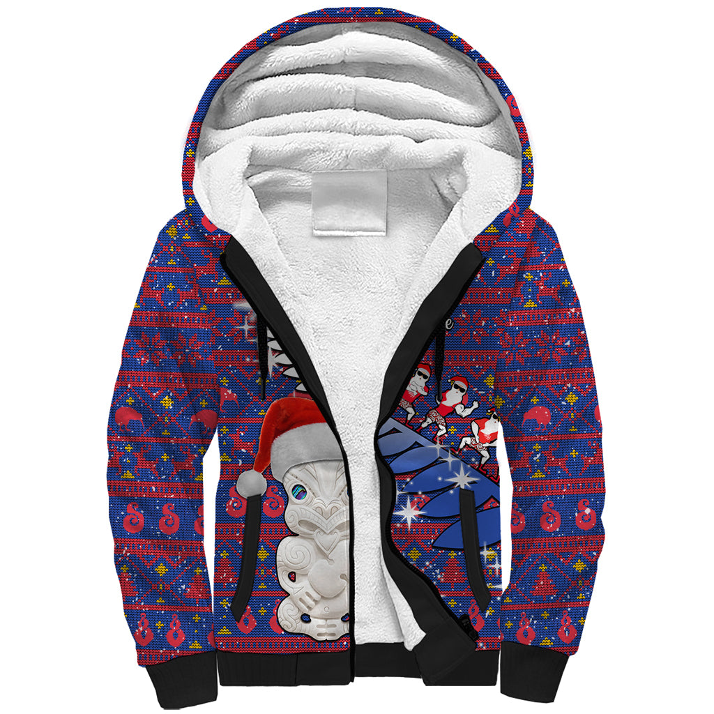 Personalized New Zealand Christmas Sherpa Hoodie Haka Fern Santa Tiki Meri Kirihimete LT05 Unisex Blue - Polynesian Pride