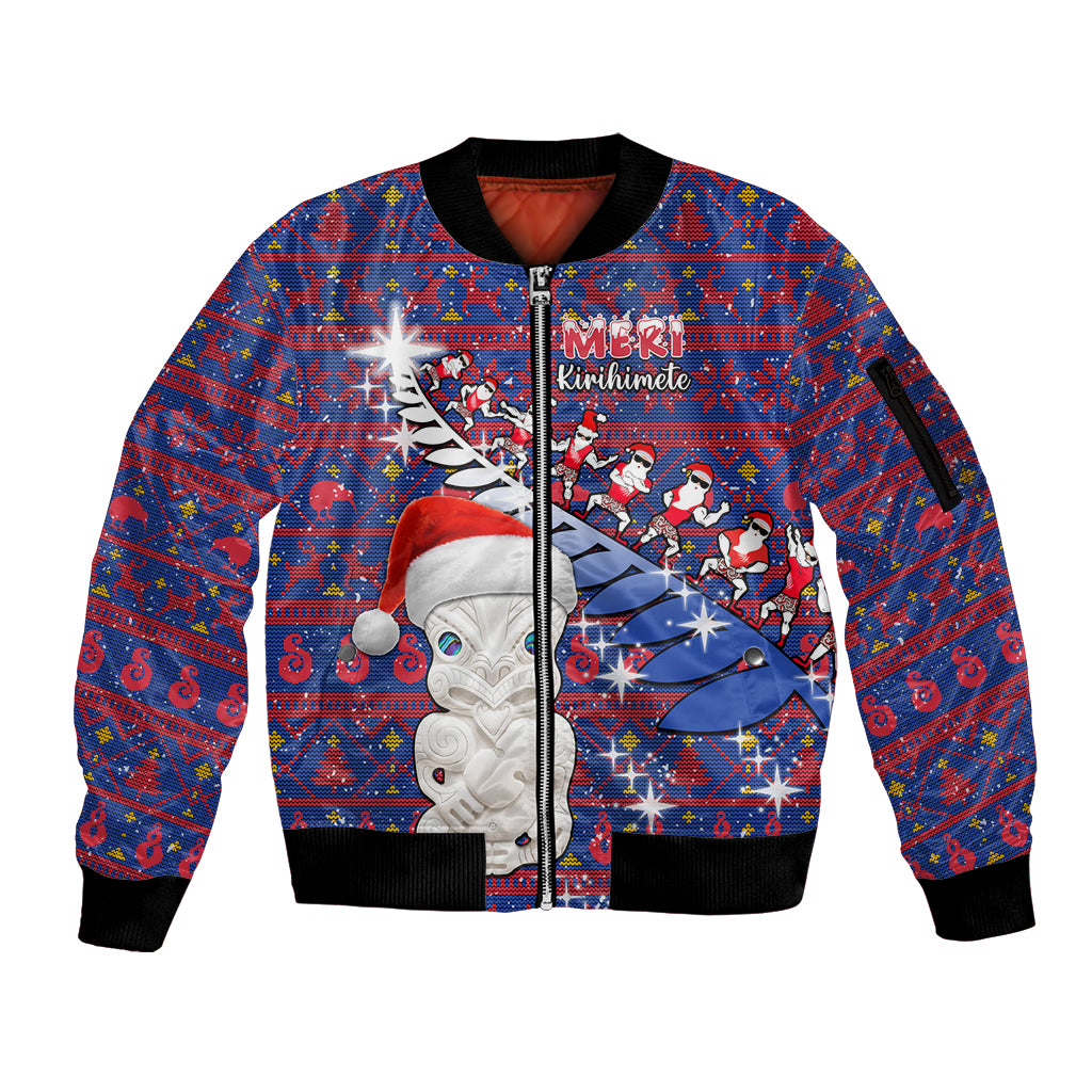 Personalized New Zealand Christmas Sleeve Zip Bomber Jacket Haka Fern Santa Tiki Meri Kirihimete LT05 Unisex Blue - Polynesian Pride