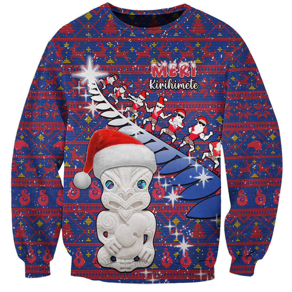 Personalized New Zealand Christmas Sweatshirt Haka Fern Santa Tiki Meri Kirihimete LT05 Unisex Blue - Polynesian Pride