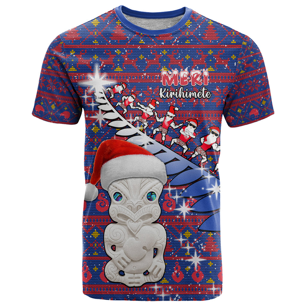 Personalized New Zealand Christmas T Shirt Haka Fern Santa Tiki Meri Kirihimete LT05 Blue - Polynesian Pride