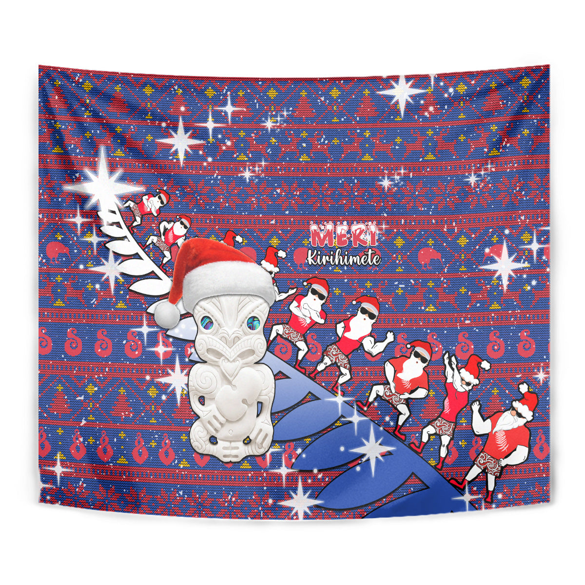 New Zealand Christmas Tapestry Haka Fern Santa Tiki Meri Kirihimete LT05 - Polynesian Pride