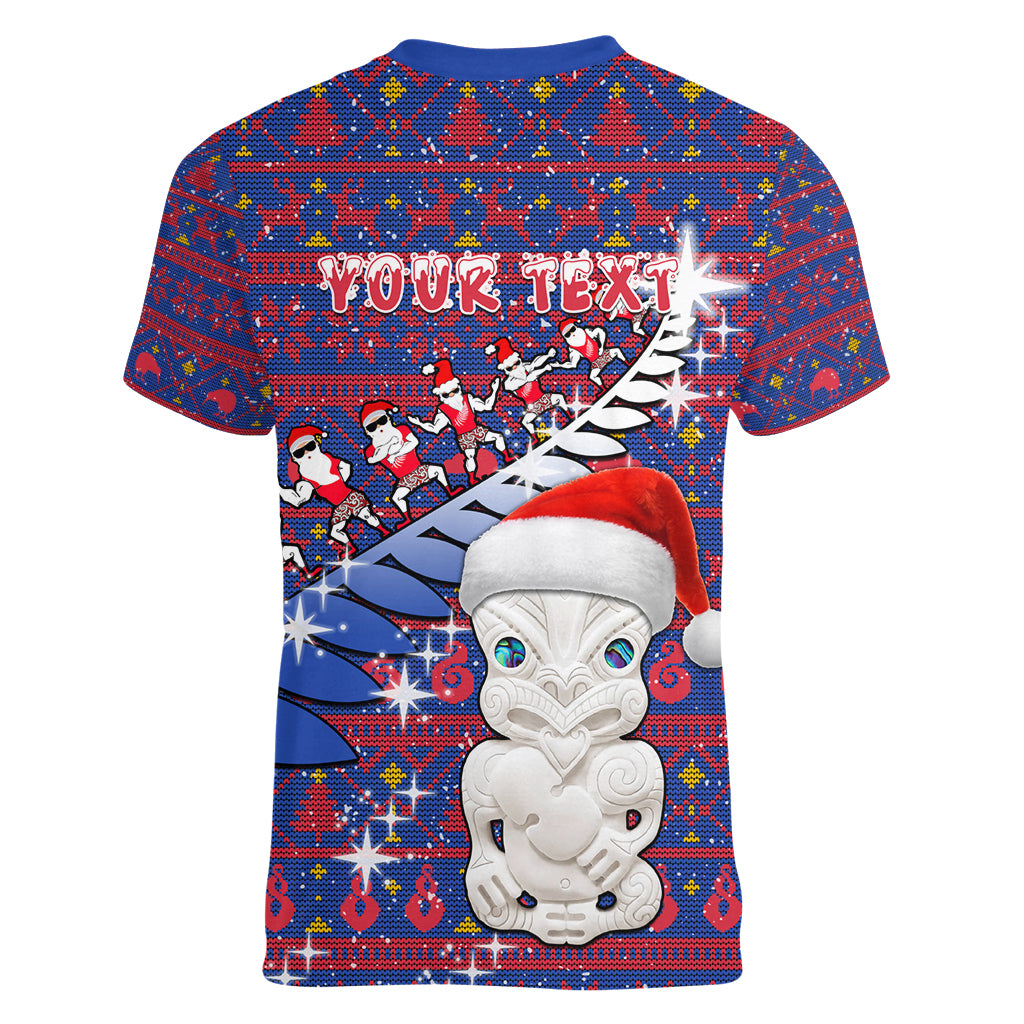 Personalized New Zealand Christmas Women V Neck T Shirt Haka Fern Santa Tiki Meri Kirihimete LT05 - Polynesian Pride