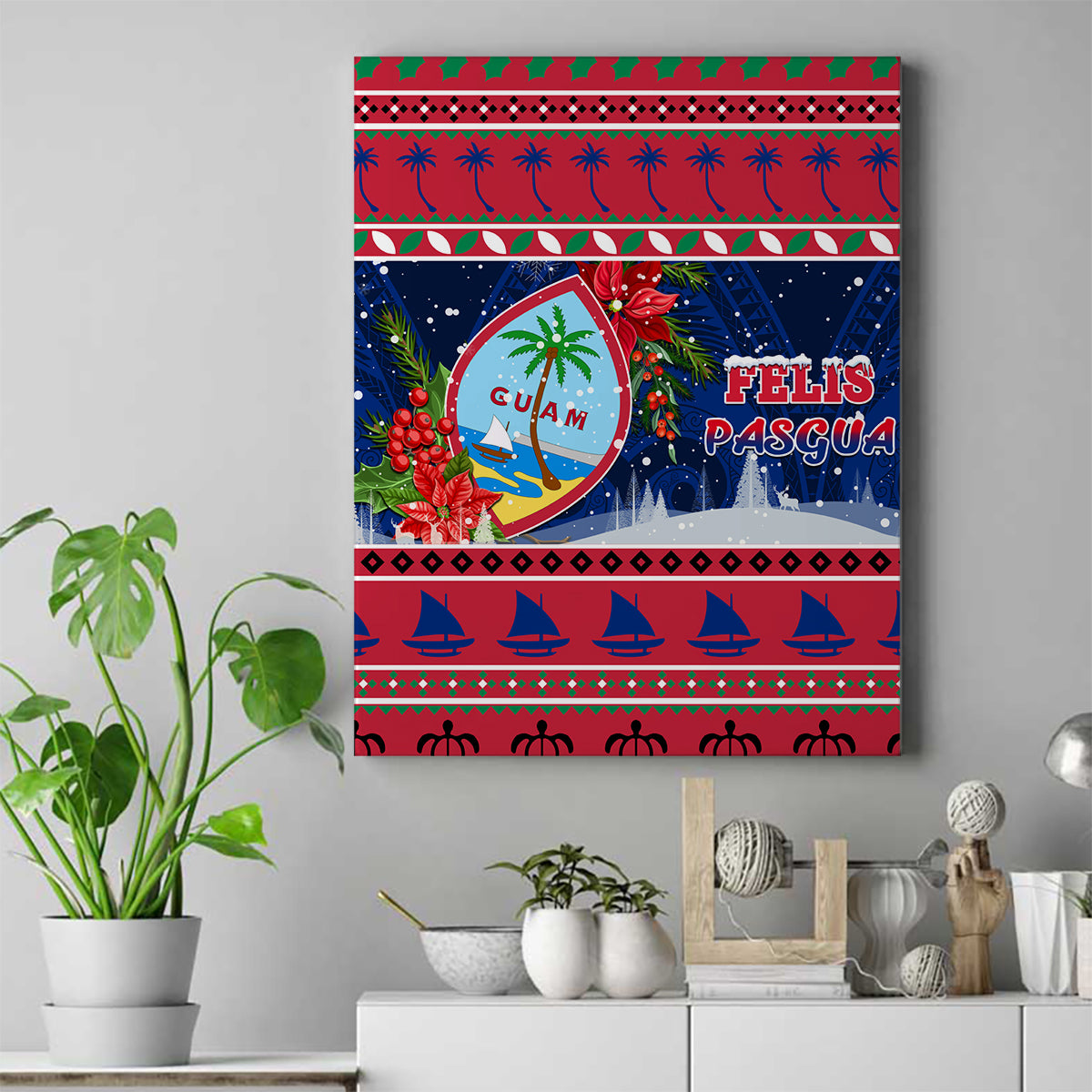 Guam Christmas Canvas Wall Art Guaman Seal Poinsettia Felis Pasgua LT05 Red - Polynesian Pride