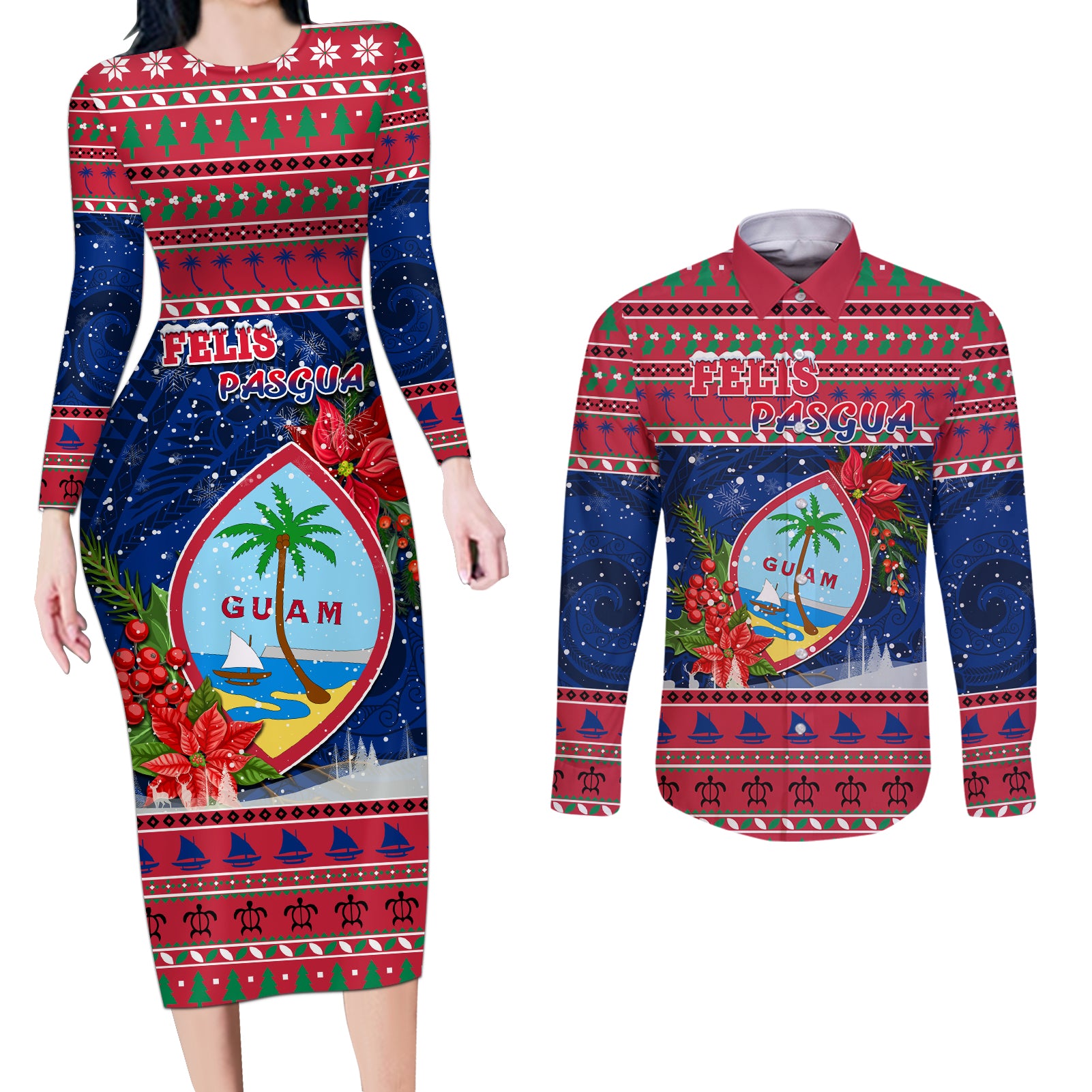 Guam Christmas Couples Matching Long Sleeve Bodycon Dress and Long Sleeve Button Shirts Guaman Seal Poinsettia Felis Pasgua LT05 Red - Polynesian Pride