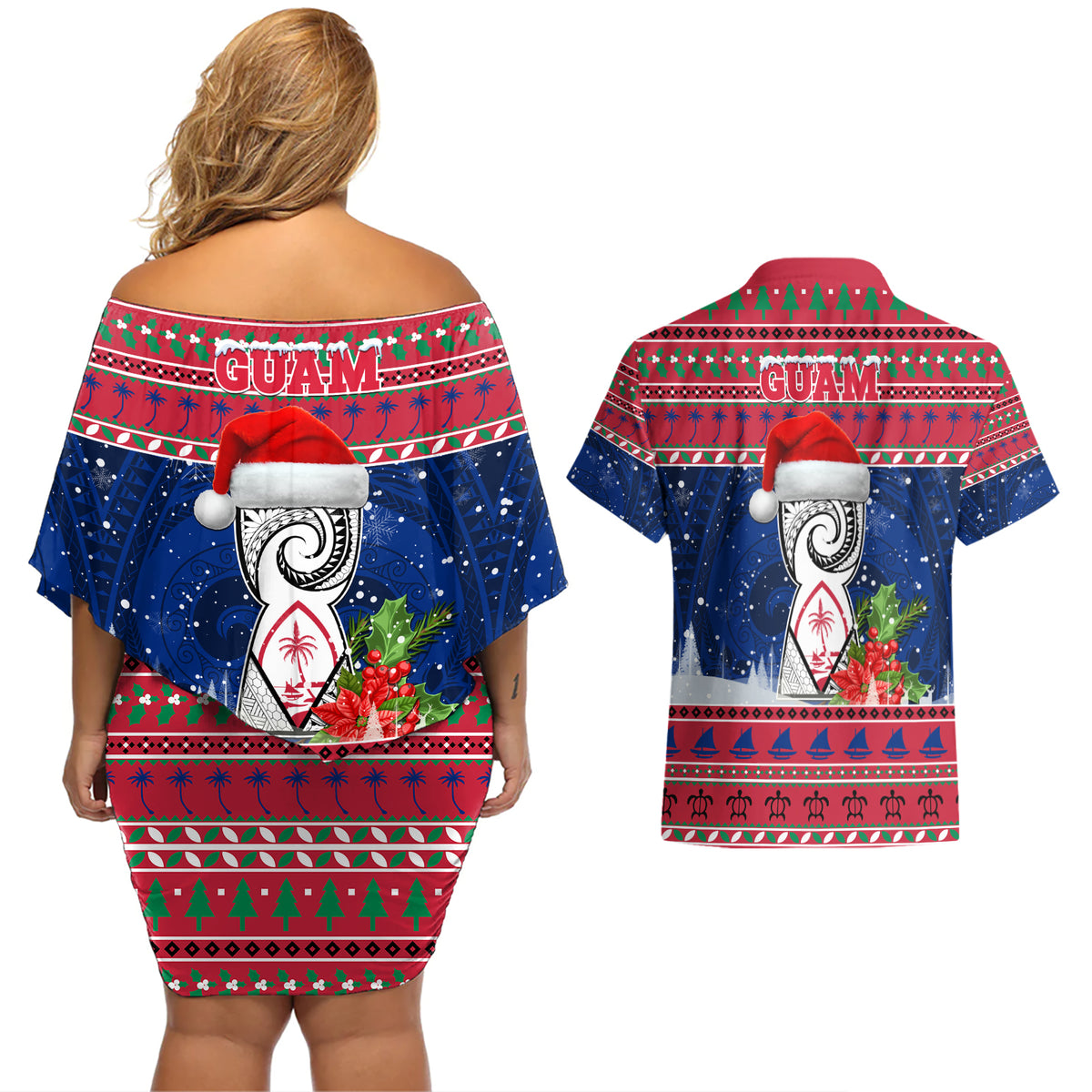 Guam Christmas Couples Matching Off Shoulder Short Dress and Hawaiian Shirt Guaman Seal Poinsettia Felis Pasgua LT05 - Polynesian Pride