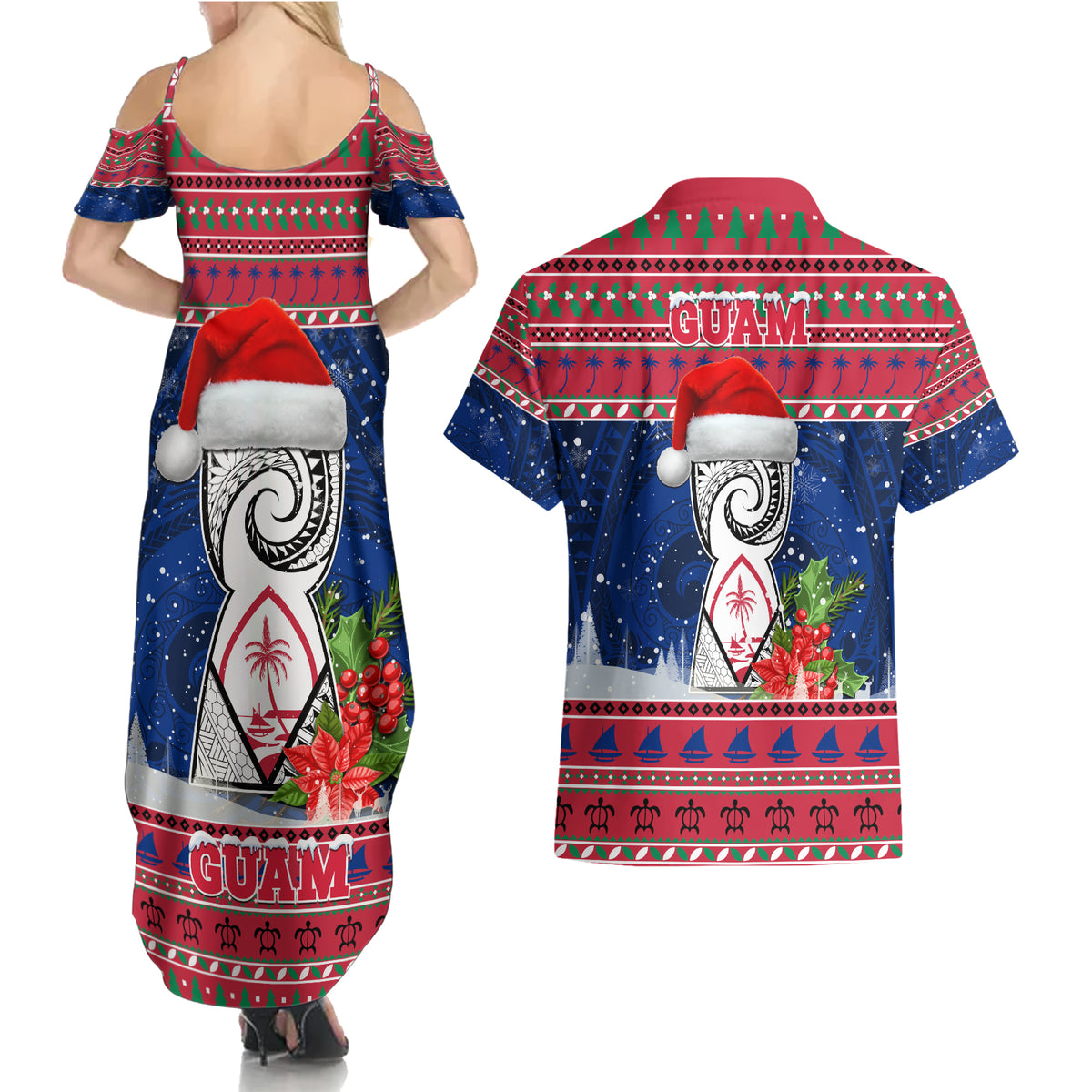 Guam Christmas Couples Matching Summer Maxi Dress and Hawaiian Shirt Guaman Seal Poinsettia Felis Pasgua LT05 - Polynesian Pride