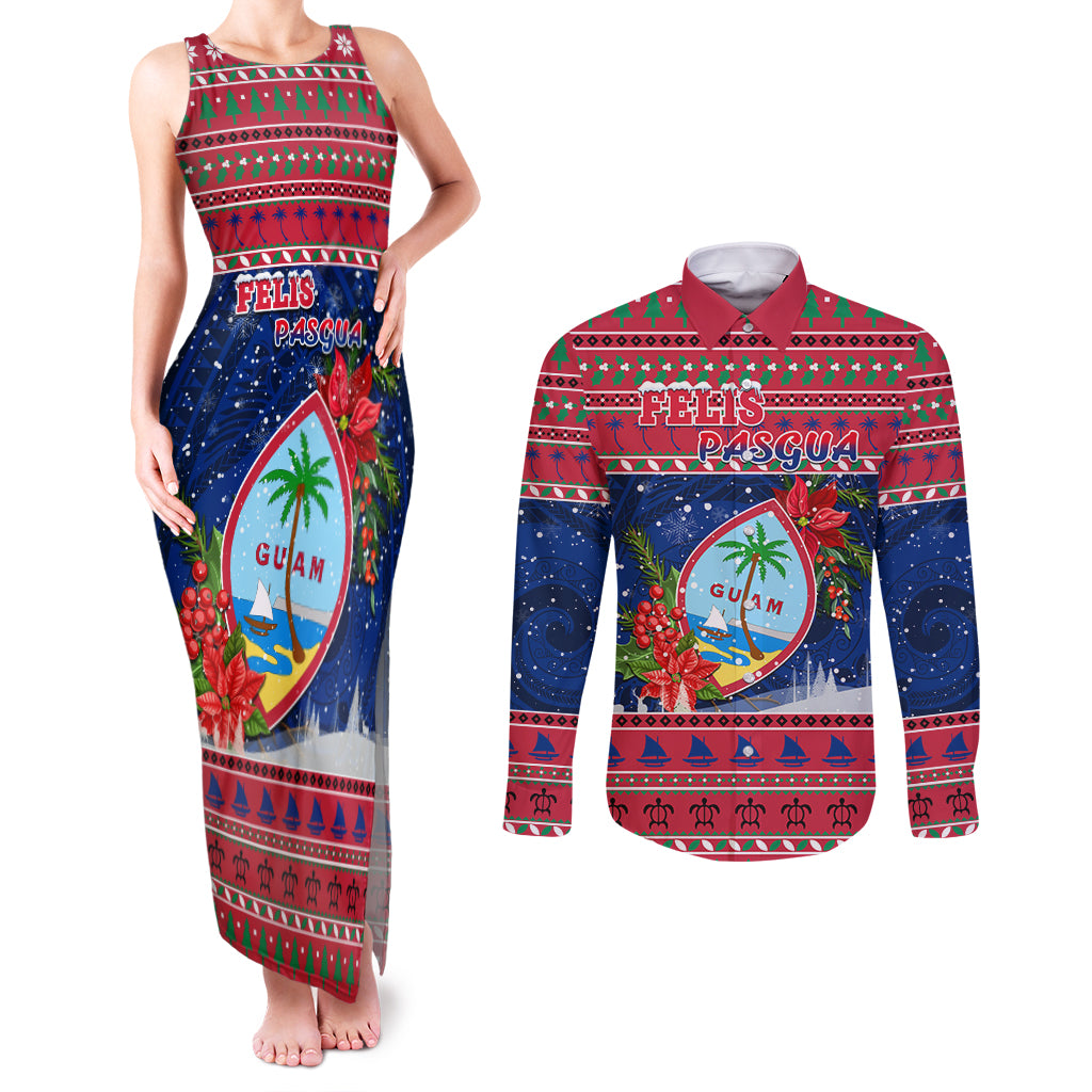 Guam Christmas Couples Matching Tank Maxi Dress and Long Sleeve Button Shirts Guaman Seal Poinsettia Felis Pasgua LT05 Red - Polynesian Pride
