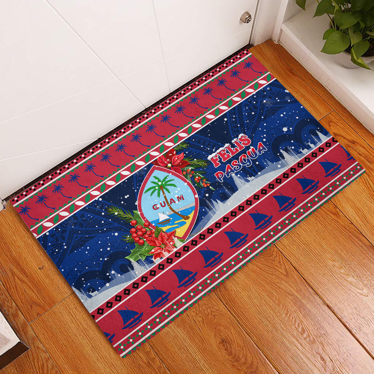 Guam Christmas Rubber Doormat Guaman Seal Poinsettia Felis Pasgua LT05 Red - Polynesian Pride