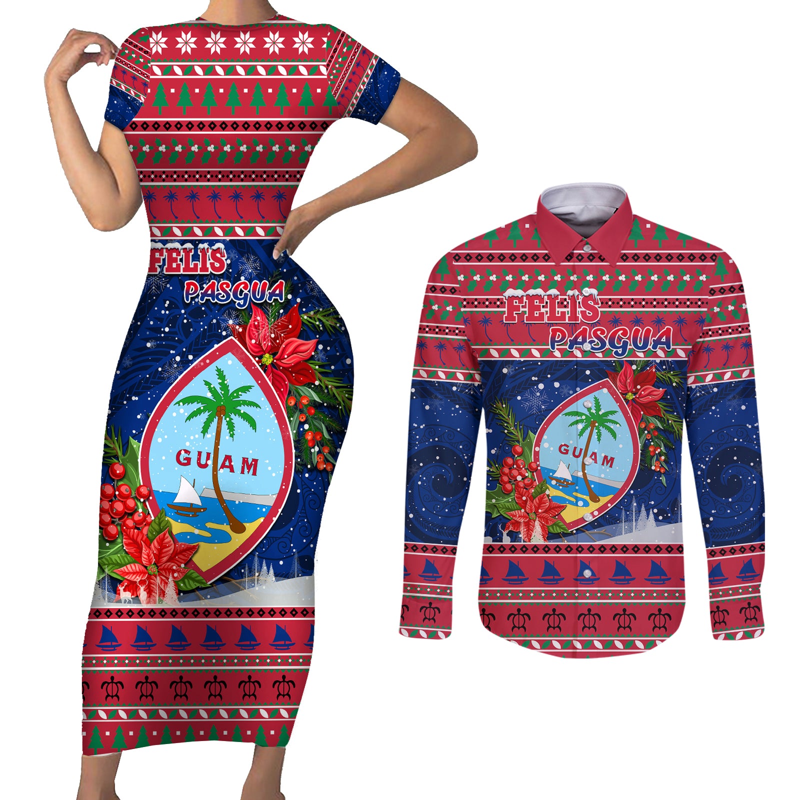 Personalized Guam Christmas Couples Matching Short Sleeve Bodycon Dress and Long Sleeve Button Shirts Guaman Seal Poinsettia Felis Pasgua LT05 Red - Polynesian Pride