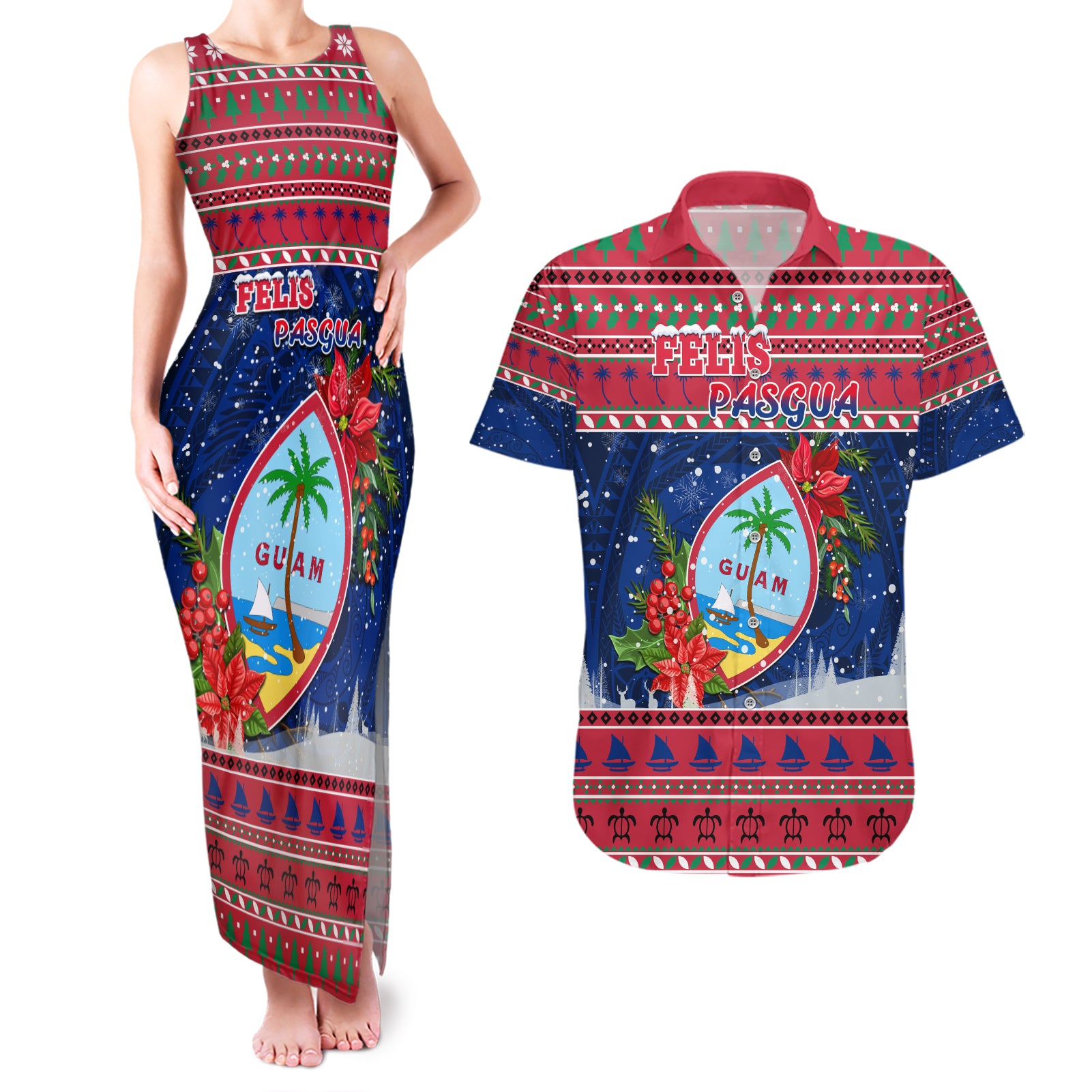 Personalized Guam Christmas Couples Matching Tank Maxi Dress and Hawaiian Shirt Guaman Seal Poinsettia Felis Pasgua LT05 Red - Polynesian Pride