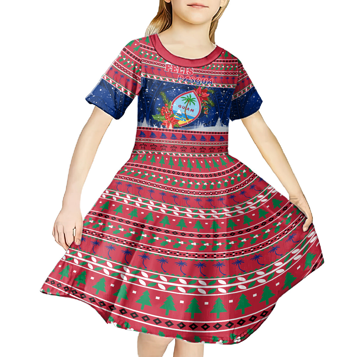 Personalized Guam Christmas Kid Short Sleeve Dress Guaman Seal Poinsettia Felis Pasgua LT05 - Polynesian Pride