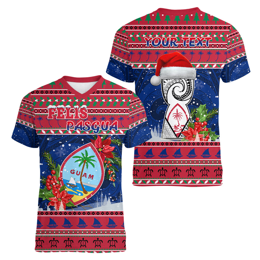 Personalized Guam Christmas Women V Neck T Shirt Guaman Seal Poinsettia Felis Pasgua LT05 - Polynesian Pride