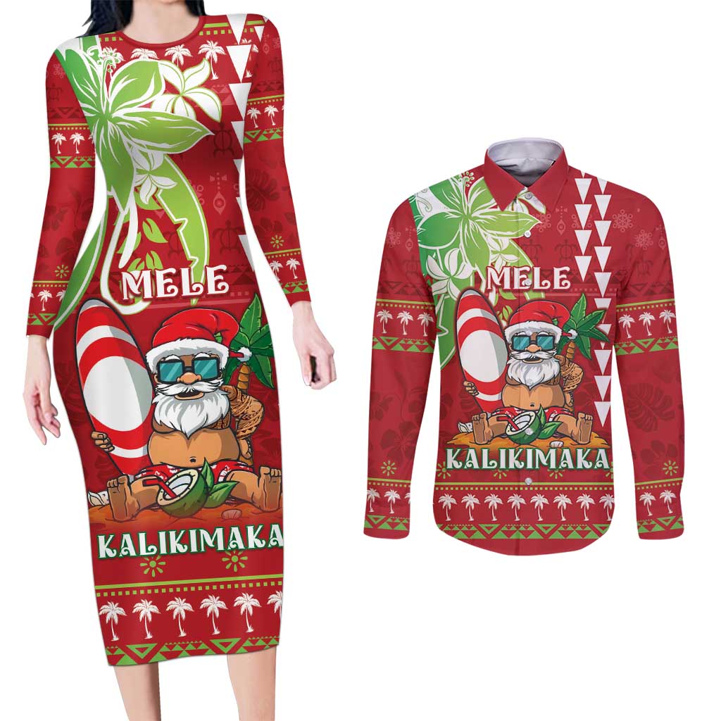Personalised Hawaii Christmas Couples Matching Long Sleeve Bodycon Dress and Long Sleeve Button Shirt Funny Santa Claus Surf Mele Kalikimaka